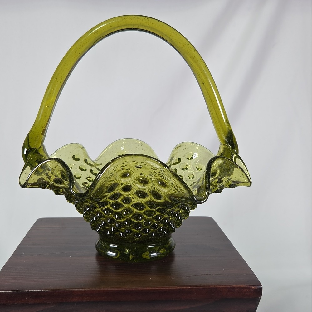 Vintage Fenton Hobnail Ruffle Glass Basket Green